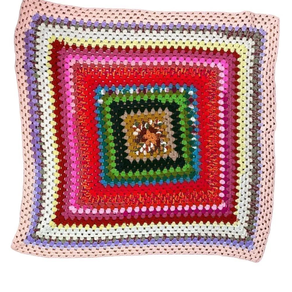 Vintage Afghan-Granny Blanket Multi Color Handmade 36x36 Boho 70s Sm Throw EUC